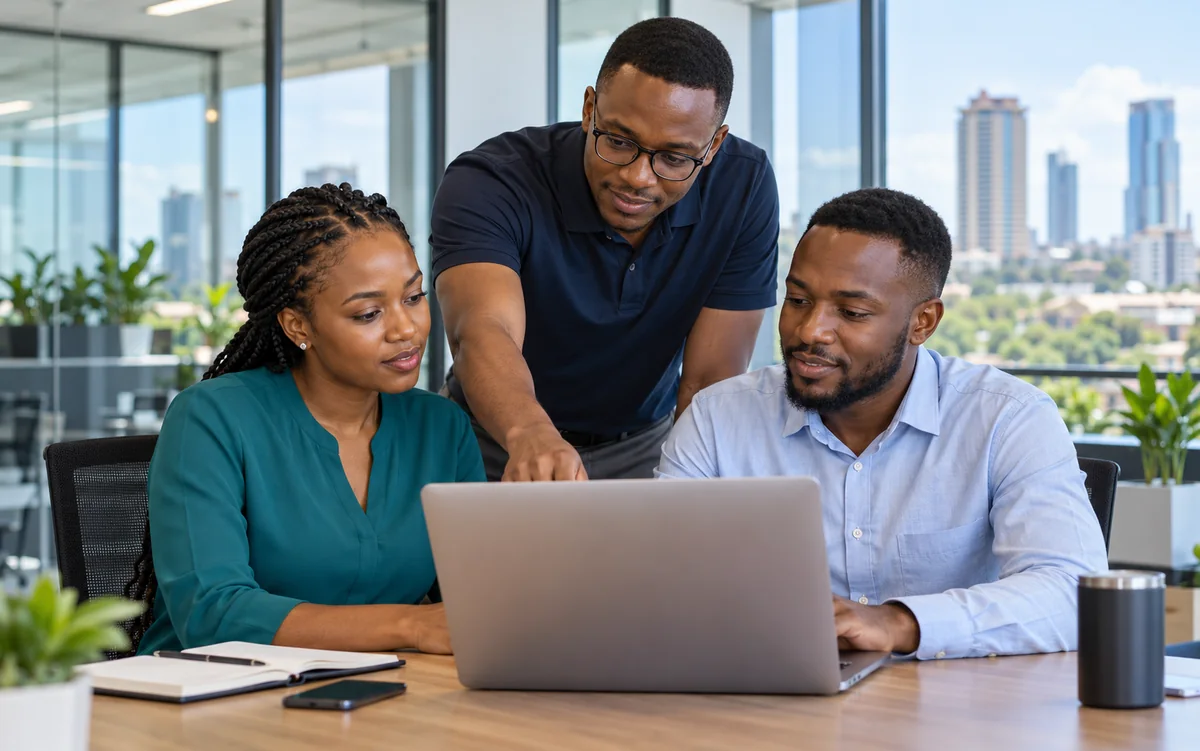 Illustrative IT professional assisting an office team